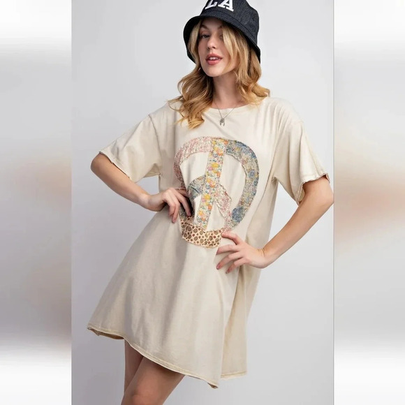 New! Easel Peace Patch Washed Cotton Jersey T-Shirt Tunic Dress L - Picture 3 of 6
